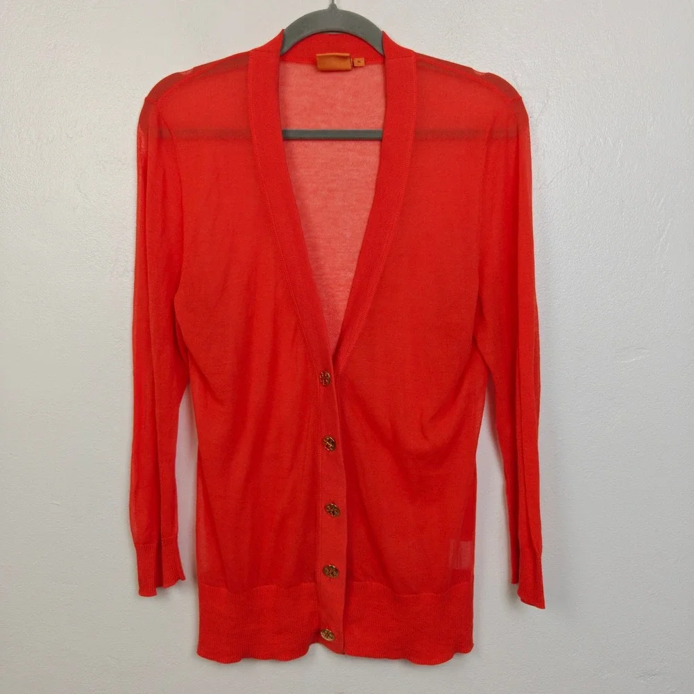 Tory Burch Womens Sweater XL Red Sheer V-Neck Button Front Cardigan Preppy